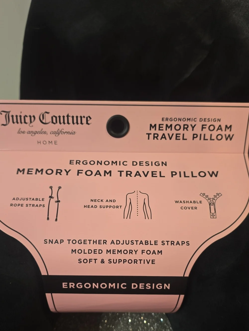 Juicy Couture Home Rhinestone Goddess Memory Foam Travel Pillow- Black